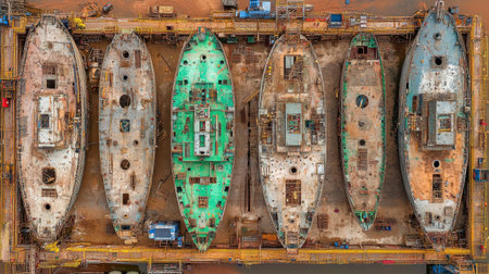 This captivating aerial image depicts a series of abandoned ships resting in a shipyard. The scene showcases various industrial elements, highlighting the themes of decay and maritime history.の素材