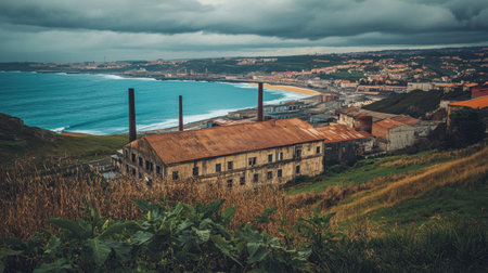 This captivating image showcases a stunning coastal view featuring abandoned industrial structures set against a backdrop of dramatic clouds and a vibrant ocean.の素材