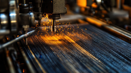 Close-up view of industrial machinery in action, showcasing the process of metal production and the sparks generated during manufacturing.の素材