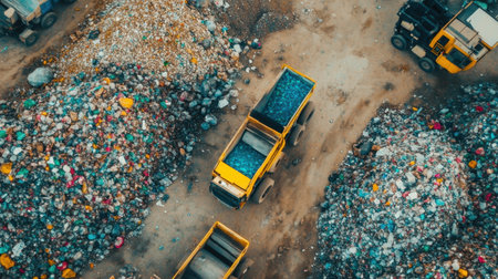 This image captures an aerial view of a waste management facility filled with colorful piles of garbage and operational dump trucks. The scene illustrates urban waste processing activities.の素材
