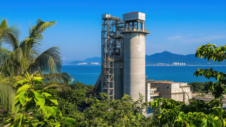 This image captures an industrial tower next to a beautiful coastal landscape, featuring lush greenery, mountains, and a clear blue sky, perfect for various themes.の素材