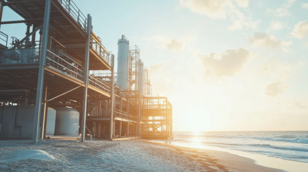 Serene view of an industrial facility situated along a beach at sunrise, showcasing the interaction between technology and nature, with peaceful ocean waves.の素材