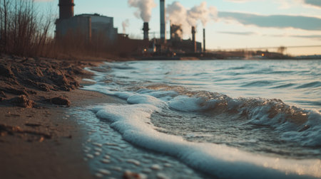 A peaceful view of gentle waves lapping at a sandy beach, with a distant industrial landscape silhouetted against a colorful sunset.の素材
