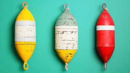 This image features three colorful buoys in vibrant yellow, green, and red, set against a turquoise backdrop, offering a playful nautical aesthetic perfect for maritime themes.の素材