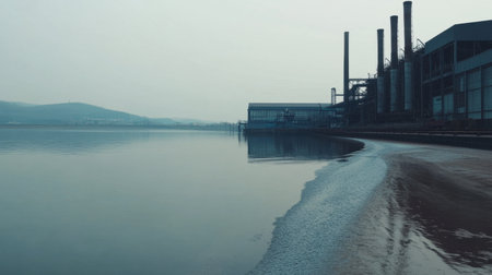 A tranquil industrial scene featuring a calm water body reflecting smokestacks and factories under a cloudy, gray sky. The landscape evokes an atmosphere of quietude, showcasing nature beside man-made structures.の素材