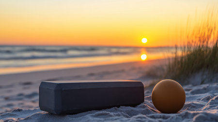 A serene beach scene during sunset, featuring a black exercise block and an orange ball on the soft sand. This image embodies relaxation and fitness combined, perfect for wellness themes.の素材