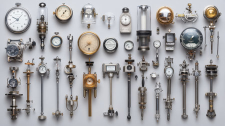 This captivating image showcases a meticulously arranged collection of vintage clocks and gauges. The symmetrical design highlights intricate craftsmanship and retro elegance against a minimalist gray background, reflecting a steampunk aesthetic that appeals to enthusiasts of historical instruments.の素材