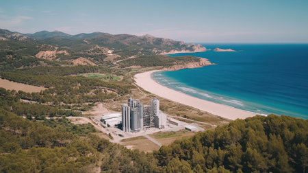 This stunning aerial view showcases a modern building nestled near a serene beach, surrounded by lush greenery and mountainous terrain, ideal for relaxation.の素材