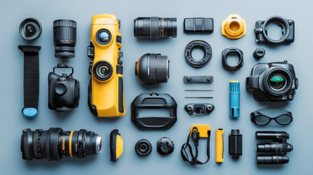 An organized flat lay composition featuring various photography equipment and accessories, showcasing a blend of colors and textures ideal for creative projects.の素材
