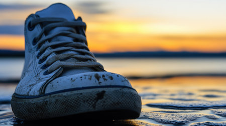 A closeup of a worn white sneaker rests on the wet shoreline at sunset, capturing a moment of tranquility with vibrant colors reflecting on the water.の素材