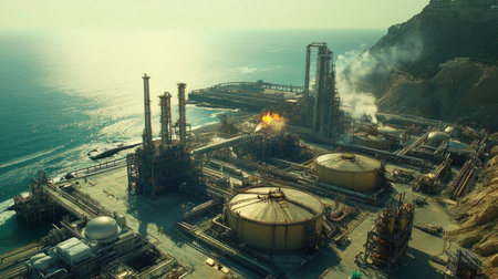 Stunning aerial perspective of an industrial oil refinery situated along a dramatic coastline, showcasing tanks, pipelines, and flames against the ocean backdrop.の素材