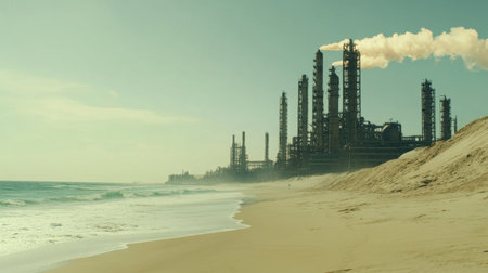 This image showcases an industrial complex prominently situated along a serene beach, featuring smokestacks emitting smoke against a calm ocean backdrop.の素材