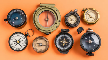 A captivating arrangement of vintage compasses against an energetic orange backdrop. This unique display showcases various designs and styles, emphasizing their historical significance and functionality in navigation and exploration.の素材