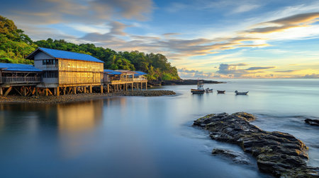 A soothing view of a wooden seaside cabin at sunset, surrounded by tranquil waters and distant fishing boats under a colorful sky.の素材