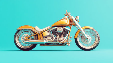 This stunning image captures a vintage custom motorcycle set against a vibrant aqua background, showcasing its gleaming chrome and comfortable leather seat, perfect for enthusiasts.の素材