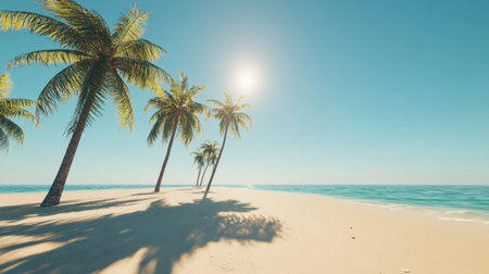 Discover a peaceful tropical beach scene featuring tall palm trees and a clear blue sky. Enjoy the warm sunlight reflecting on the tranquil ocean waves.の素材