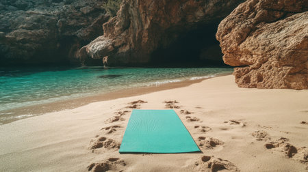 A vibrant yoga mat rests on soft sandy beach, surrounded by stunning rocks and clear turquoise water, inviting tranquility and relaxation. Perfect for outdoor meditation.の素材