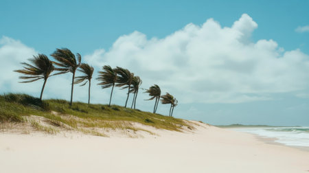 A picturesque beach scene featuring palm trees swaying in the wind, soft sands, and gentle waves lapping the shore beneath a vibrant blue sky.の素材