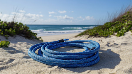 A vibrant blue hose rests on soft sandy beach, capturing the essence of summer tranquility with ocean waves and lush green vegetation in the background.の素材