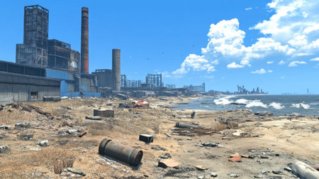 This image showcases a deserted industrial site along a sandy beach, featuring remnants of factories against the backdrop of a clear blue sky and ocean waves.の素材