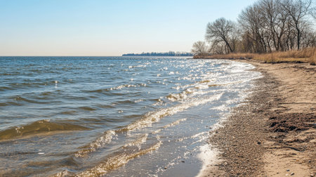 A picturesque view of the tranquil shoreline with gentle waves lapping at the sandy beach under a clear blue sky. Trees frame the scene, enhancing the serene atmosphere.の素材