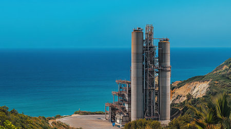 A striking view of an industrial cement plant situated on a serene coastline, featuring modern machinery and clear blue skies, symbolizing progress.の素材