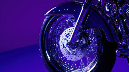 A striking close-up image showcasing a motorcycle wheel, featuring a polished chrome rim and intricate brake disc, all set against a vivid purple backdrop.の素材