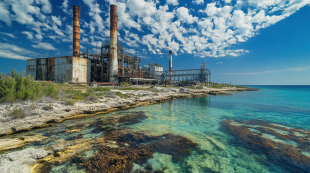 Explore the contrast of an abandoned industrial facility against a tranquil sea, showcasing bright blue skies, dramatic clouds, and a rocky shoreline.の素材