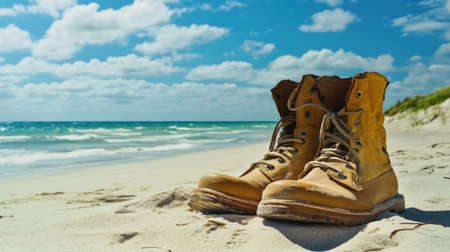 A pair of worn hiking boots resting on a sandy beach, with beautiful ocean waves and a dramatic cloudy sky creating a serene outdoor scene.の素材