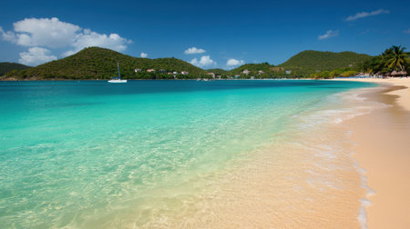 A picturesque tropical beach scene featuring crystal clear water, soft golden sand, and lush green hills, perfect for relaxation and escape.の素材