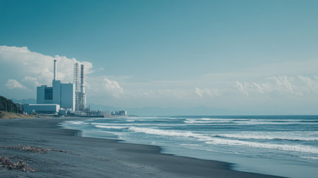 This serene coastal scene showcases an industrial power plant against a backdrop of rolling waves and a clear blue sky, highlighting nature's contrast with technology.の素材
