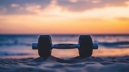 A dumbbell rests on soft sand at the beach during a stunning sunset, showcasing vibrant colors in the sky and reflecting tranquil waves.の素材