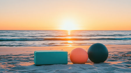 A serene beach scene featuring colorful exercise equipment at sunset. The atmosphere invites relaxation and promotes wellness along the sandy shore.の素材