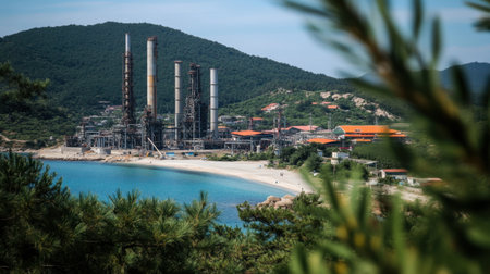 A striking contrast between a large industrial site and pristine natural surroundings showcases smokestacks rising against green hills and sandy beaches.の素材