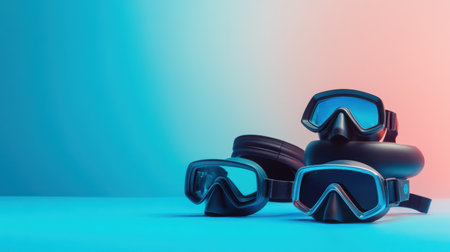 A vibrant arrangement of stylish diving masks showcases the thrill of underwater exploration, set against a modern gradient backdrop for a fresh look.の素材