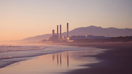 Breathtaking view of a coastal power plant at sunset, with vibrant colors reflecting on the water, surrounded by majestic mountains, capturing industrial beauty.の素材