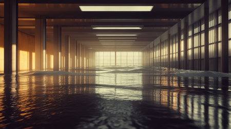 A tranquil interior scene featuring shimmering water reflecting warm sunlight through large windows. This modern space evokes serenity and elegance.の素材