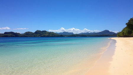 A stunning tropical beach scene featuring crystal clear water and a bright blue sky. Ideal for showcasing natural beauty and relaxation in coastal regions.の素材