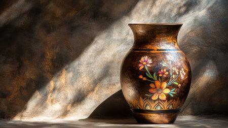 This image features an elegant handcrafted vase adorned with vibrant floral designs, set against a rich textured background that enhances its beauty.の素材