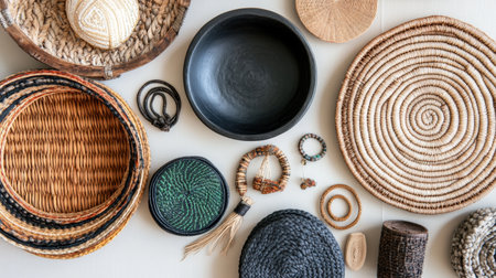 A beautiful arrangement of various handcrafted baskets and decor items made from natural materials, showcasing unique textures and artisanal craftsmanship.の素材