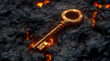 A stunning depiction of an ancient golden key lying on a dark lava surface, illuminated by glowing cracks, evoking mystery and adventure in a fantastical setting.の素材