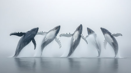 A breathtaking moment captured in foggy waters shows a group of humpback whales breaching the surface. The ethereal atmosphere highlights nature's beauty and vitality.の素材