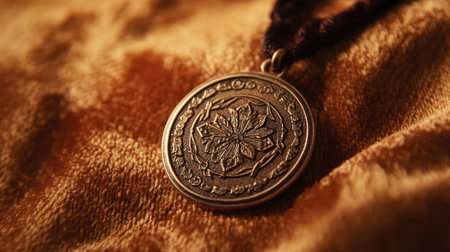 A close-up view of an antique silver medal featuring an intricate floral design, positioned on a soft velvet background, showcasing detailed craftsmanship and vintage charm.の素材