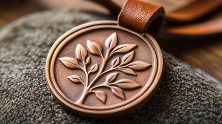 This image showcases a stunning copper medal featuring an intricate leaf design, beautifully resting on a soft textile background, emphasizing elegance and craftsmanship.の素材