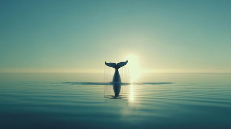 A stunning depiction of a whale tail splashing in calm ocean waters at sunset, with soft sunlight creating enchanting reflections on the surface.の素材