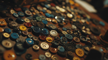 This image showcases a detailed collection of colorful sewing buttons scattered across a wooden table, perfect for crafting projects and design inspiration.の素材