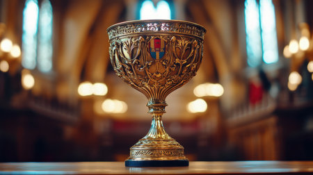 Captivating golden trophy featuring intricate designs and an emblem, set against a blurred church interior. Perfect for themes of achievement and celebration.の素材