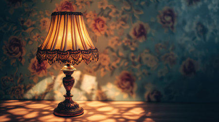 A beautiful vintage lamp casts a warm glow in a cozy room enriched by floral wallpaper, creating an inviting atmosphere perfect for relaxation.の素材