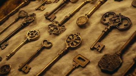 A stunning collection of antique keys displayed on a rustic fabric background. Each key features intricate designs and craftsmanship, showcasing vintage beauty.の素材