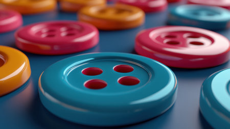 This image showcases a collection of colorful sewing buttons arranged on a blue surface, creating a vibrant and playful atmosphere perfect for creative projects.の素材